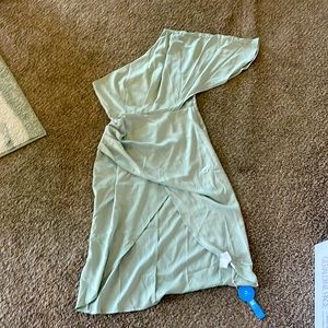Sage green silky wedding guest dress